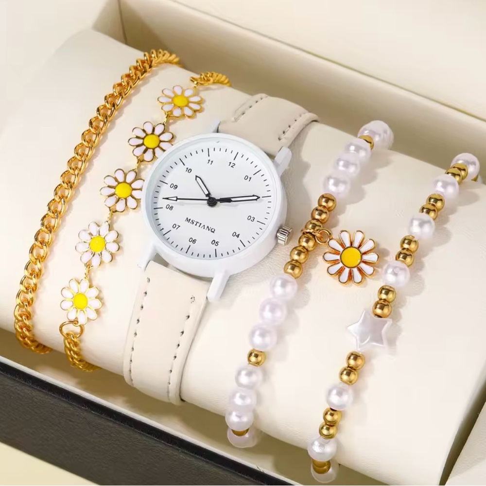 White and Gold Watch with Floral Bracelet Set